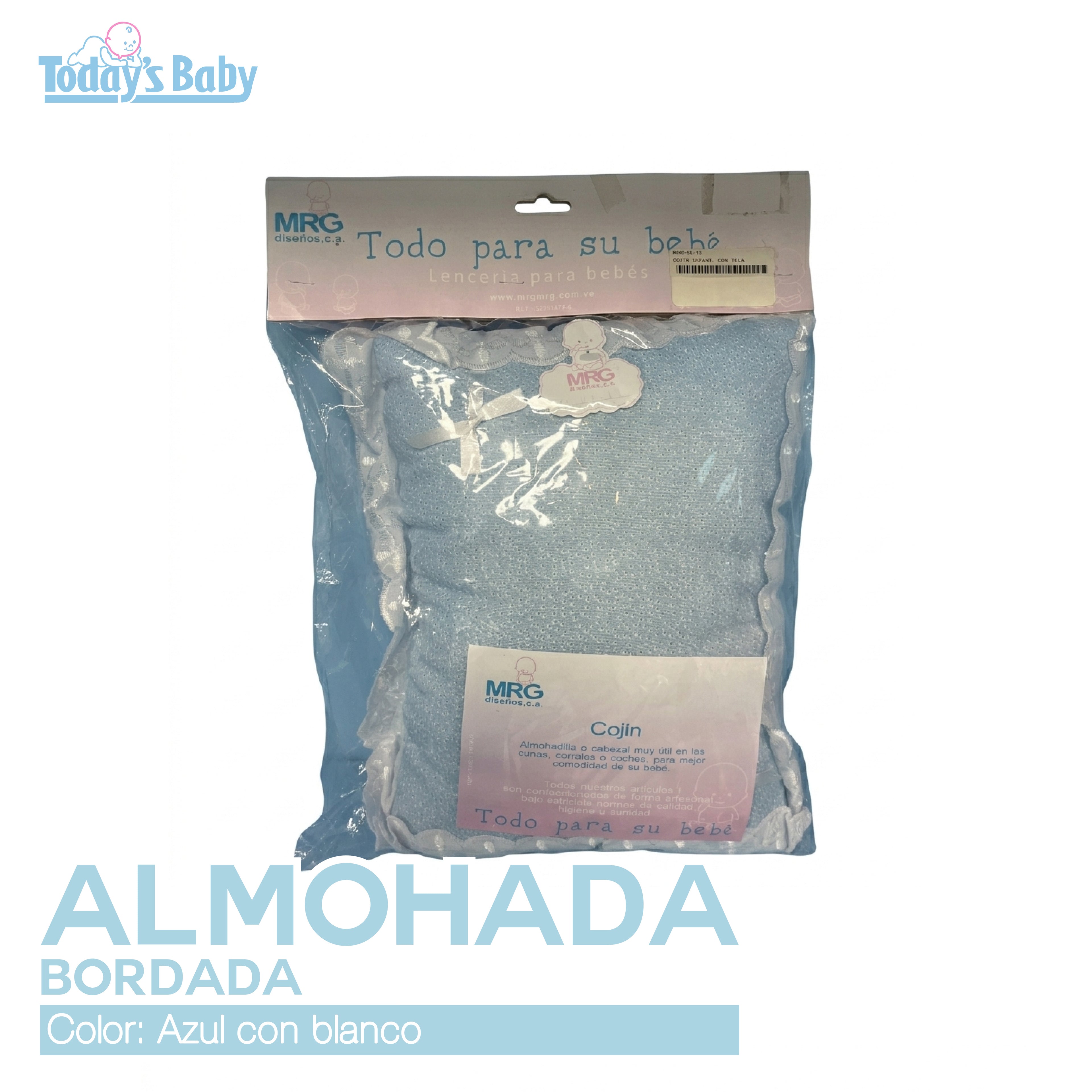 almohada bordada para cuna azul con blanco para bebé