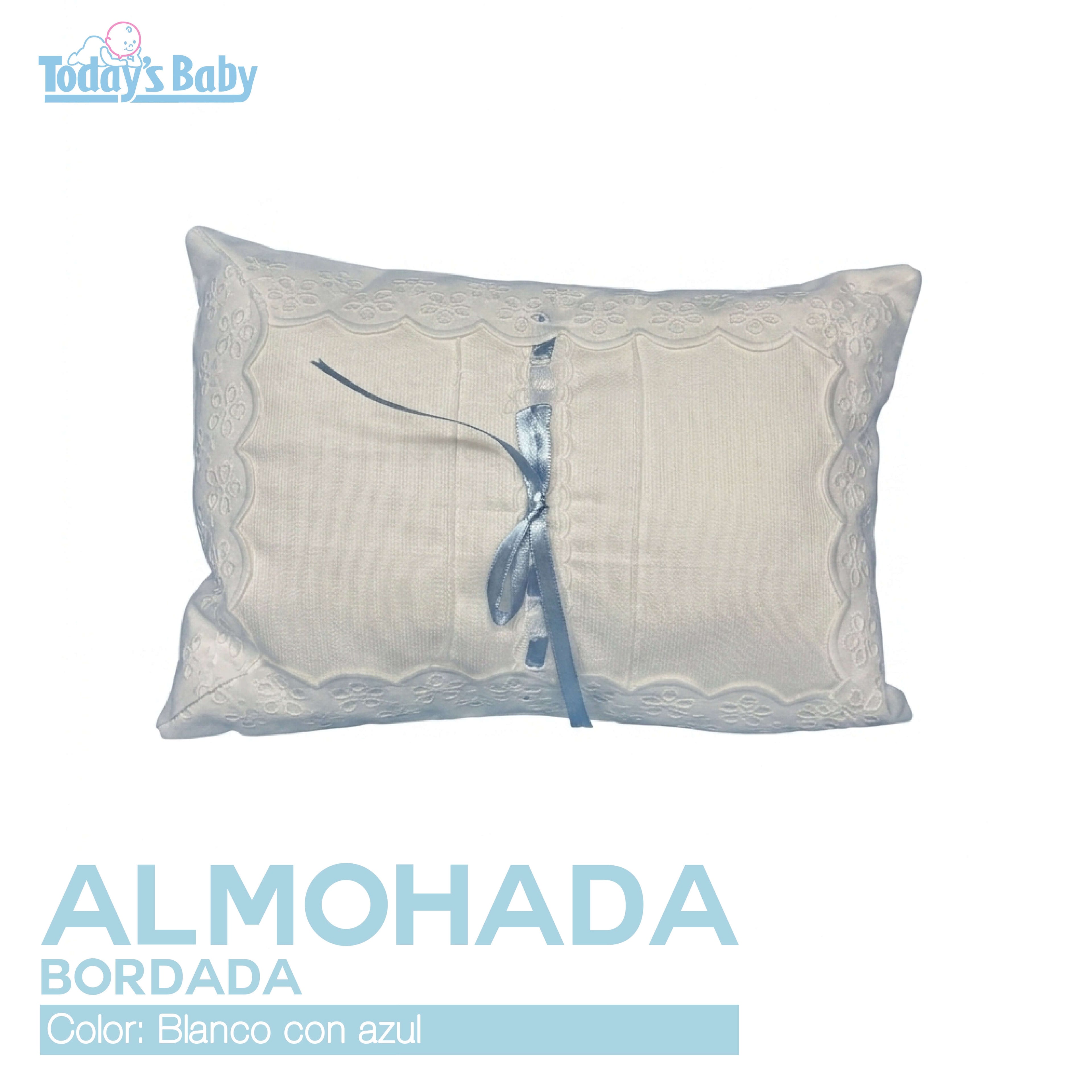 almohada bordada para cuna blanco con azul para bebé