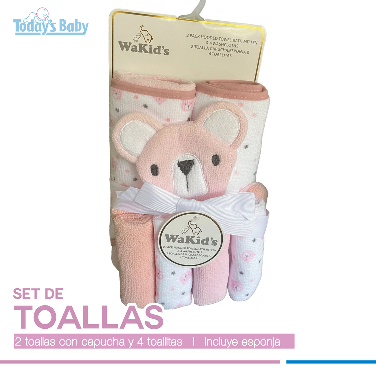 Set de toalla capucha  y esponja Wakid´s Osito rosa