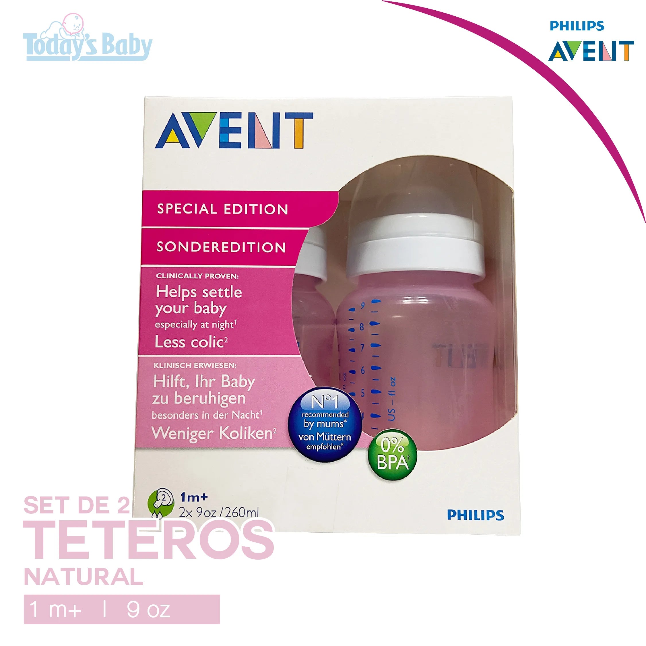 Set de 2 Teteros Natural  9 oz +1m Avent