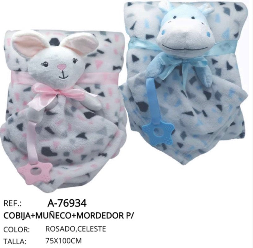 Cobija +muñeco +mordedor p/bebe