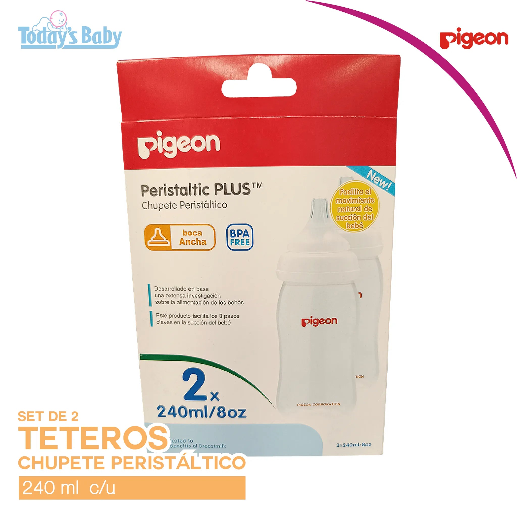 Set de teteros chupete peristáltico 240ml Pigeon