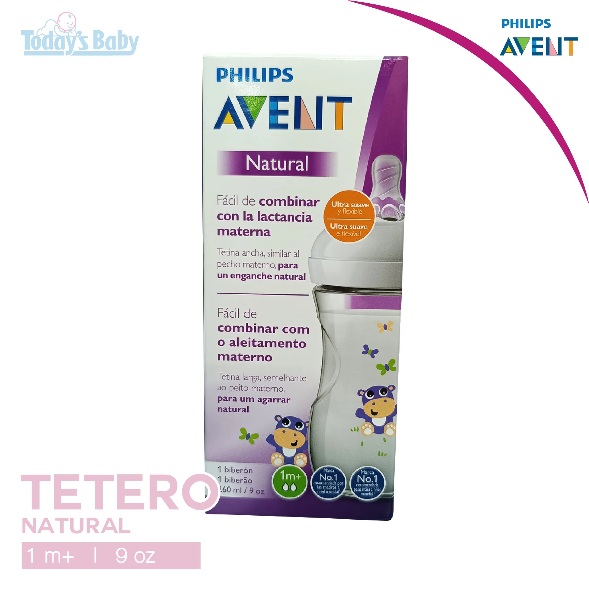Tetero Natural Hipopótamo 9 oz +1m Avent