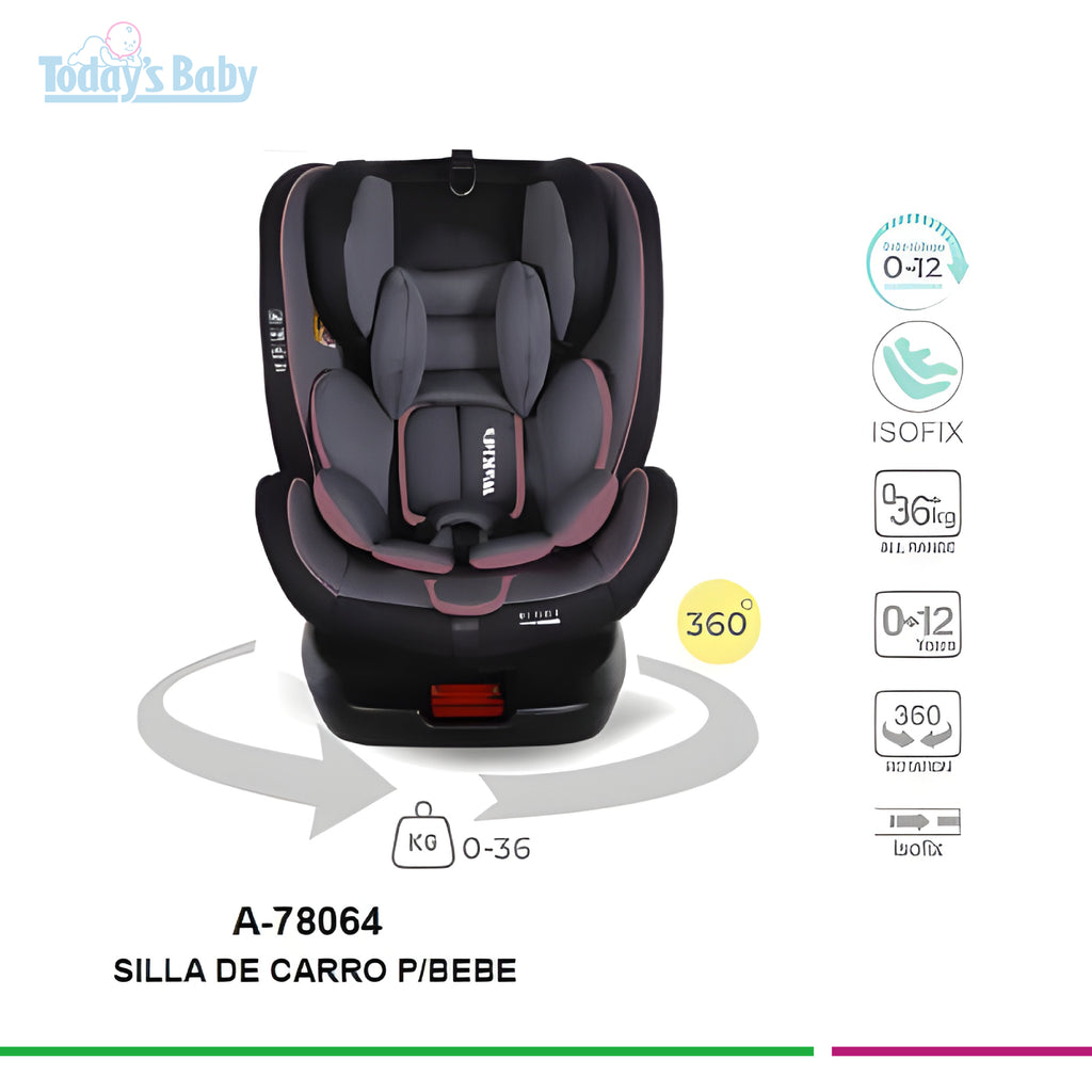 Silla de Carro Giratorio 360° Isofix Rosado WaKid’s